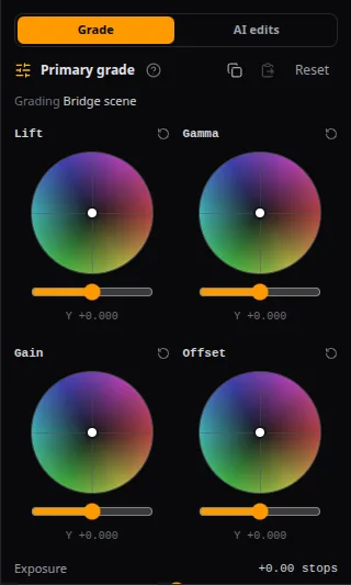The grade panel with colour wheels