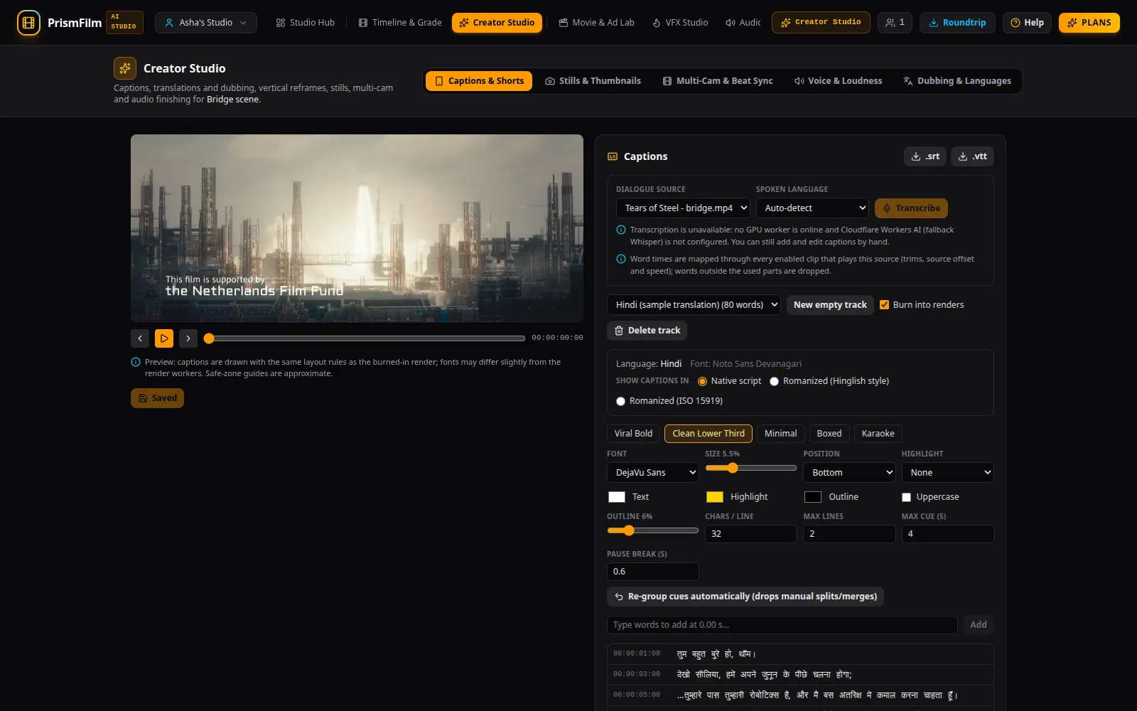 Caption editor with Hindi captions in Devanagari over the video preview