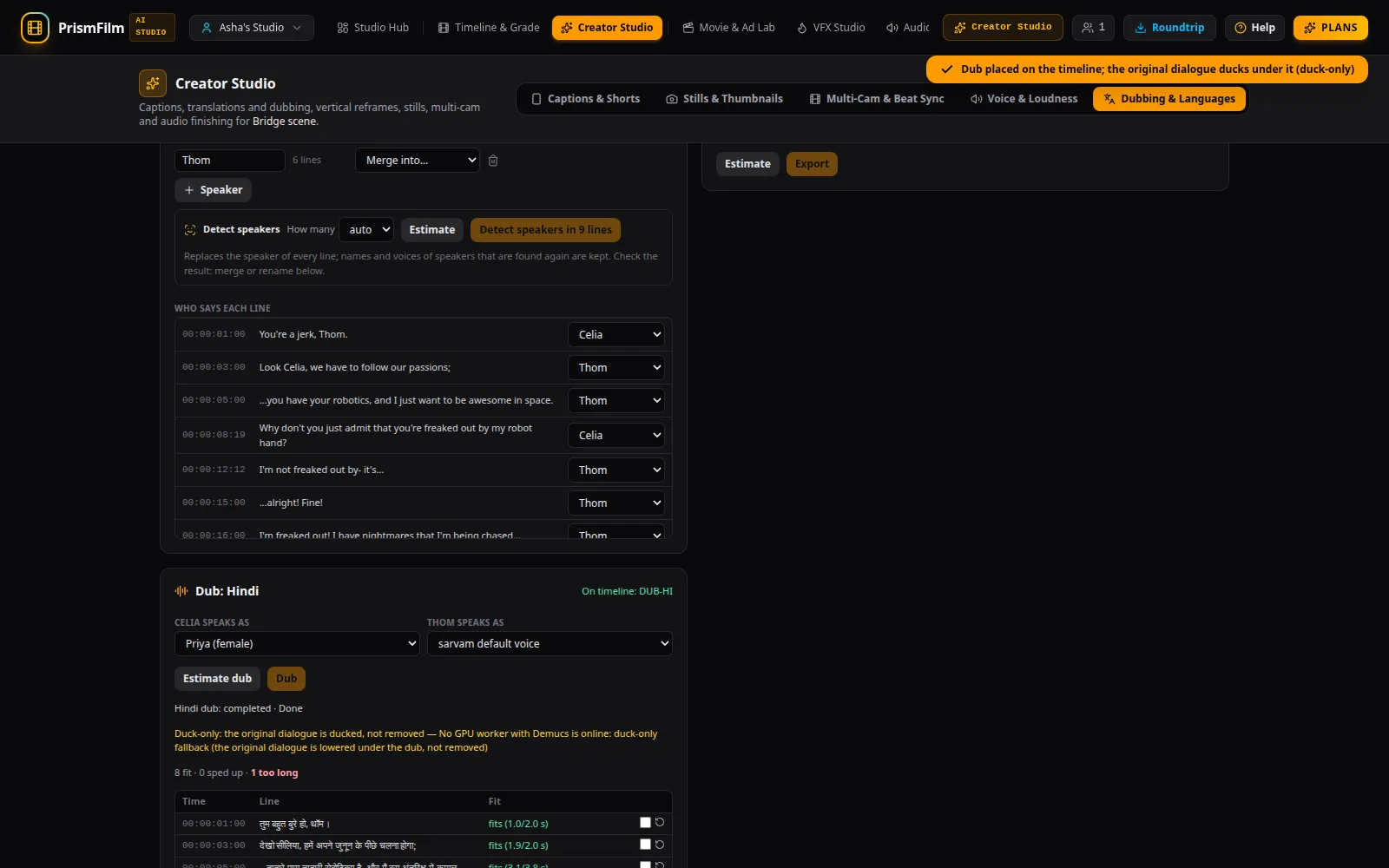 Dubbing panel with speakers, voices and per-line fit results